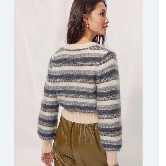 Aritzia Striped Wool Fair Isle Cardigan in Cream and Gray - Picture 3 of 15